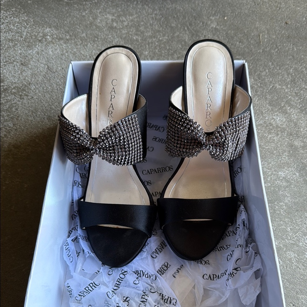 Caparros Black and Silver Heels with Sparkling Bow